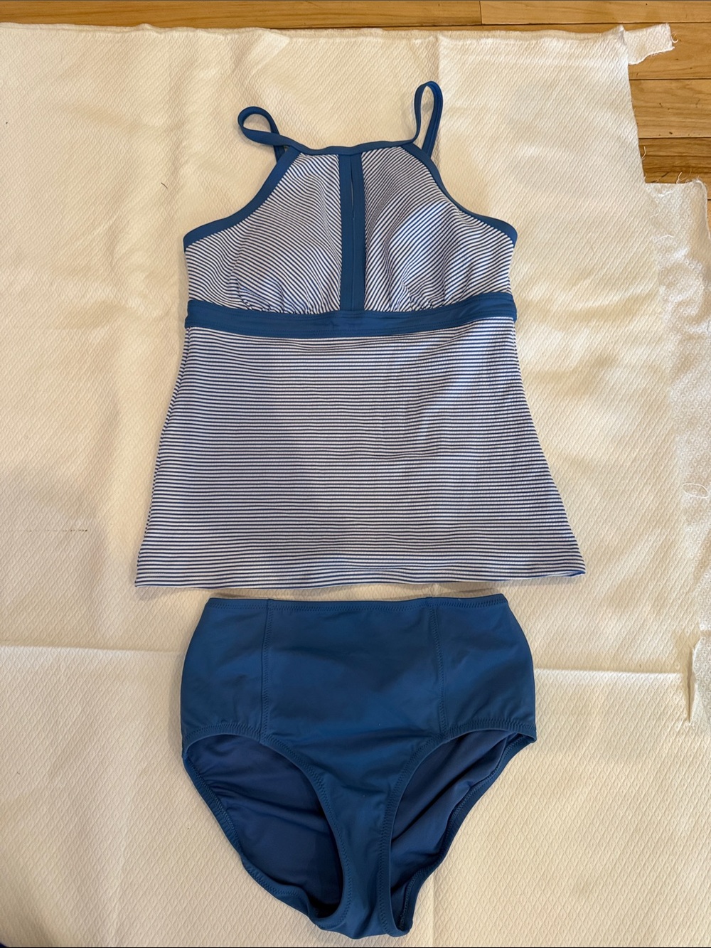 Lands' End Blue & White Striped Tankini with Solid Blue High-Waist Bottoms